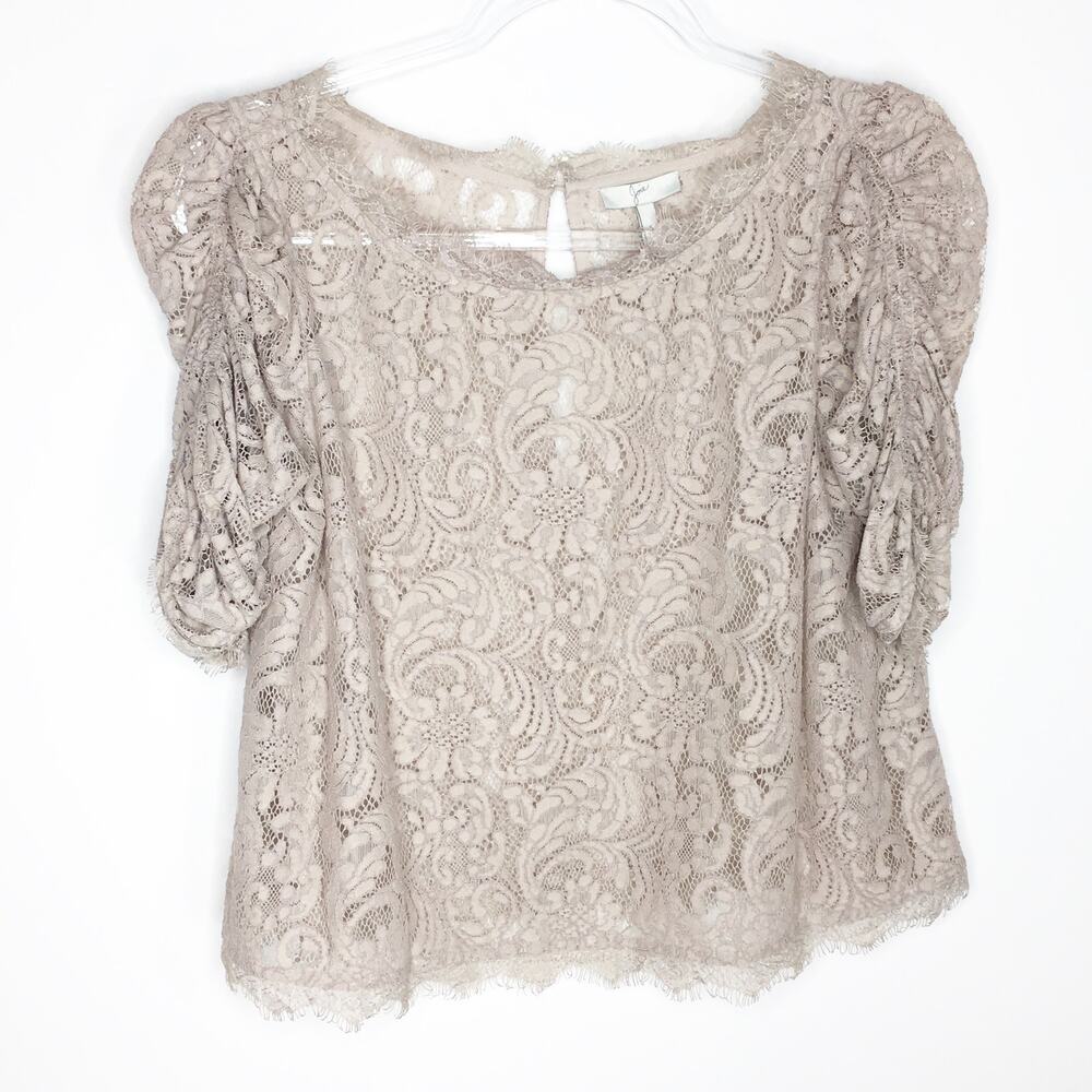 Joie Womens Size Small  Fanny Lace Overlay Top‎ Blouse Tan Sheer Ruched Sleeve